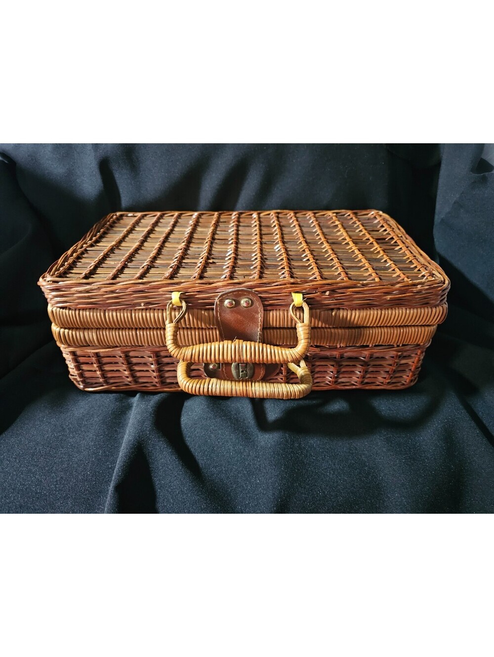 Vintage Woven Rattan Picnic Basket With Leather Clasp & Wrapped Handles BoHo